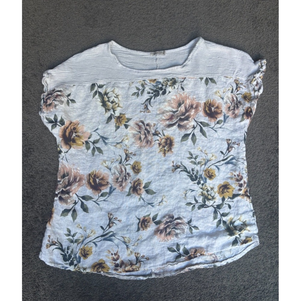Lungo‎ L'arno Blouse Top Women's Size 1X White Floral 100% linen Round Neck